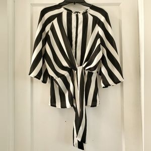 Black & white Striped Tie Front Top